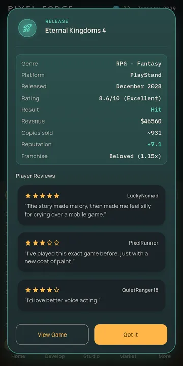 Pixel Forge screen: Ship it and read the reviews
