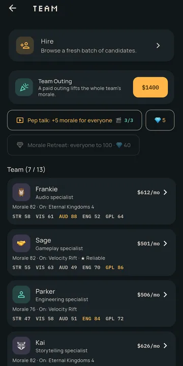 Pixel Forge screen: Hire, train and keep your team